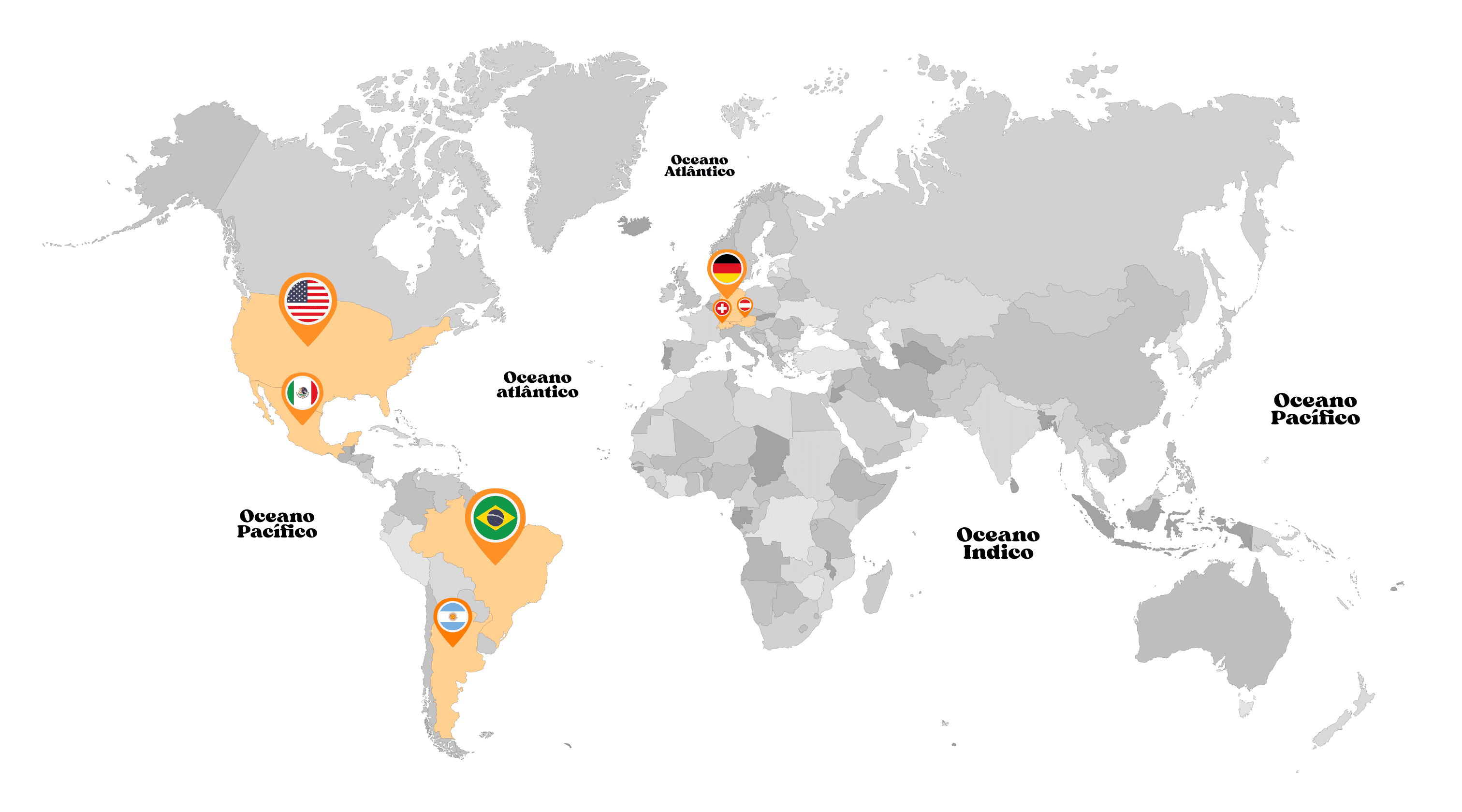 Weltkarte mit Markierungen in den USA, Mexiko, Brasilien, Argentinien, Deutschland, der Schweiz und Österreich.