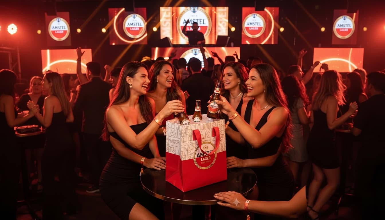 Gruppe bei einer Amstel-Aktion mit personalisierten roten Taschen auf dem Tisch.