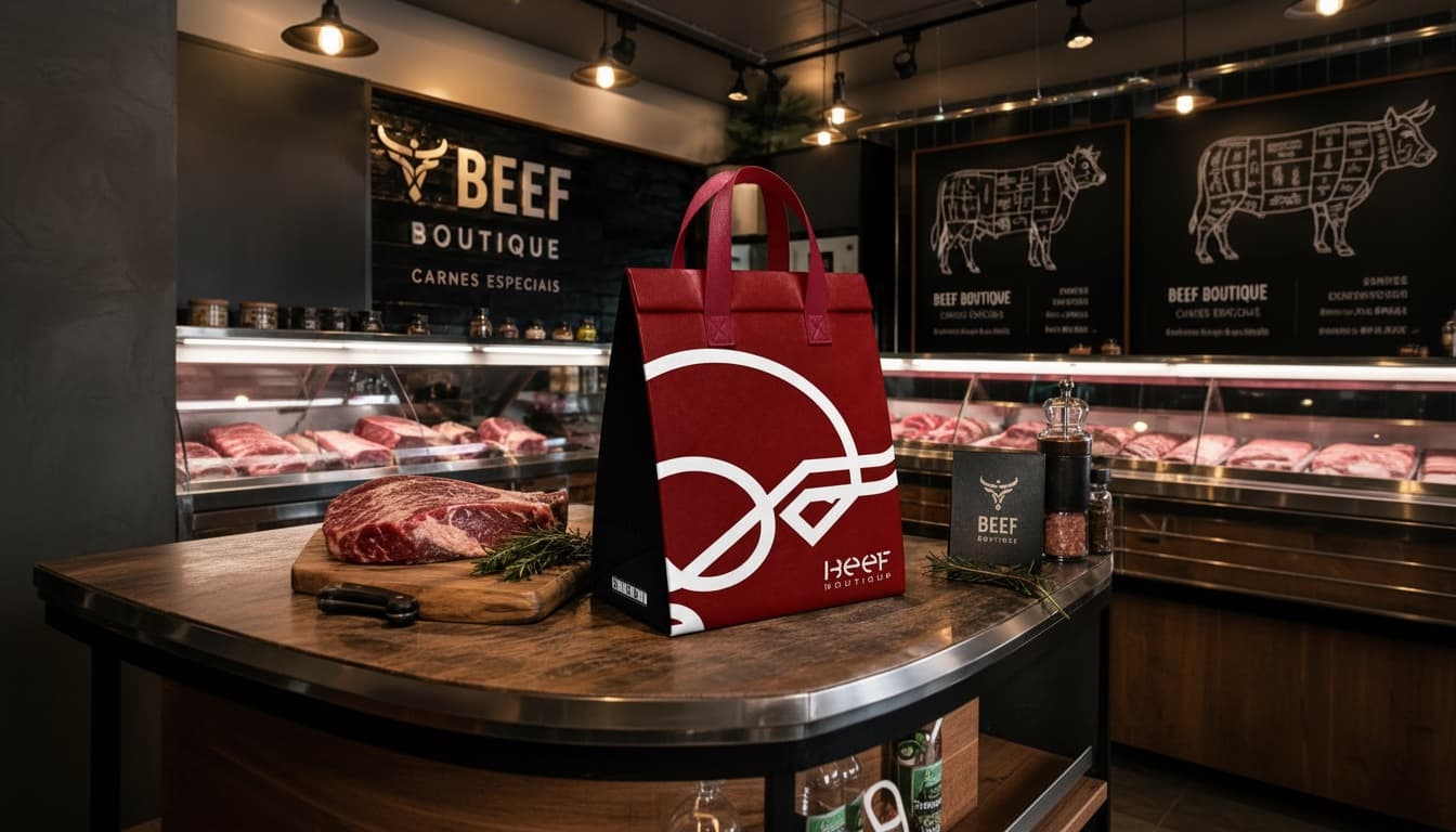 Rote Beef-Boutique-Tasche auf dem Tresen der Metzgerei.