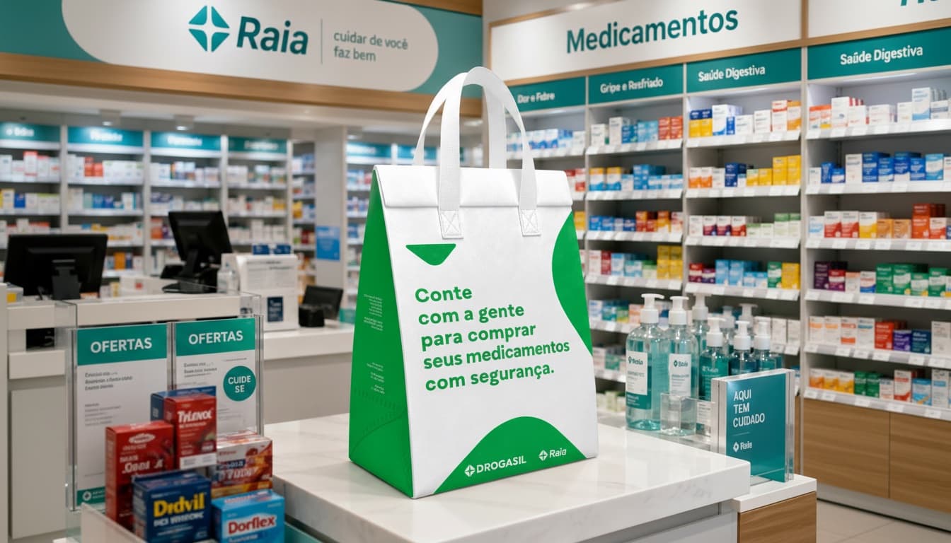 Personalisierte Droga-Raia-Tasche auf dem Tresen einer Filiale.