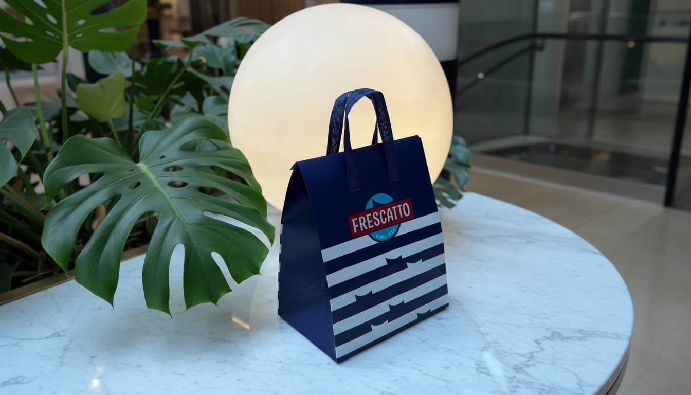 Blau gestreifte Frescatto-Tasche auf einem Tisch zwischen Pflanzen.