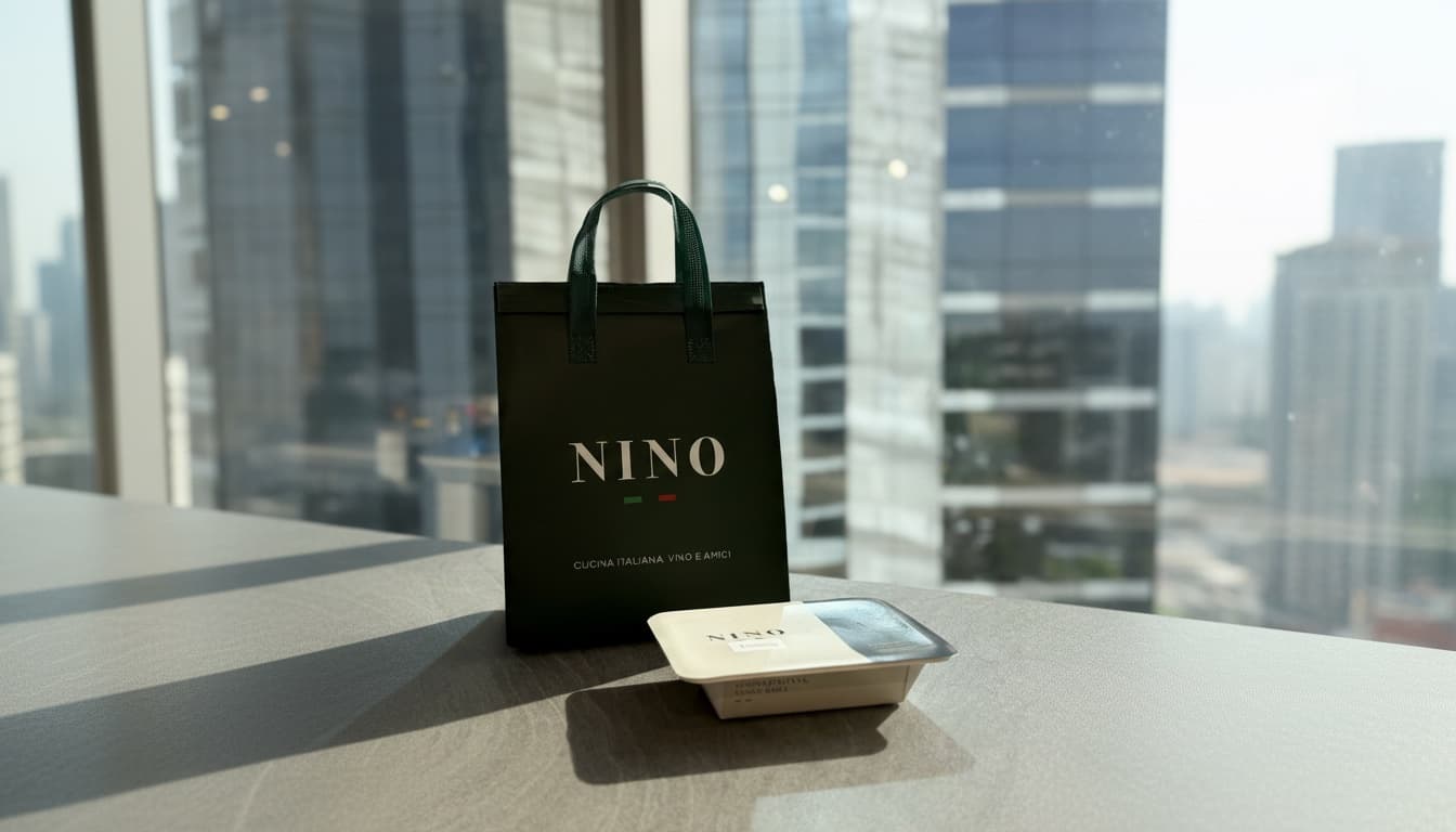 Schwarze Nino-Tasche neben einer Lieferverpackung auf einem Tisch mit Stadtblick.