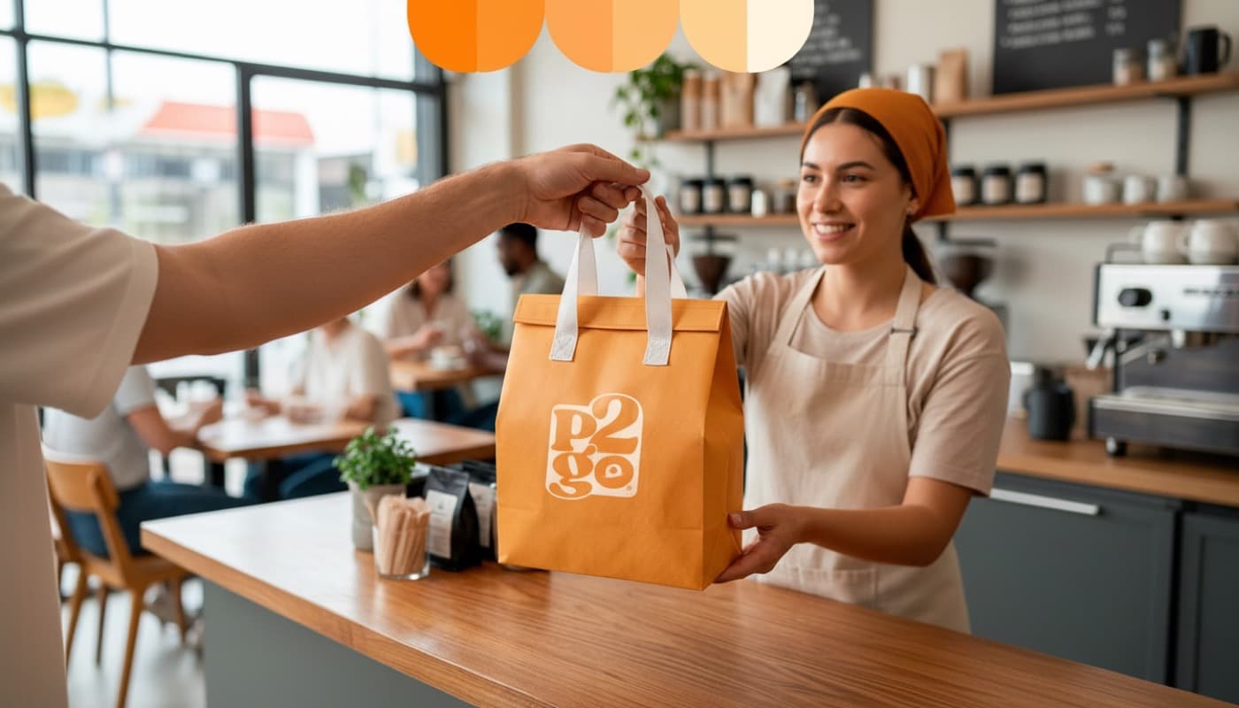 Mitarbeiter übergibt einem Kunden eine personalisierte Tasche von SuperPack.